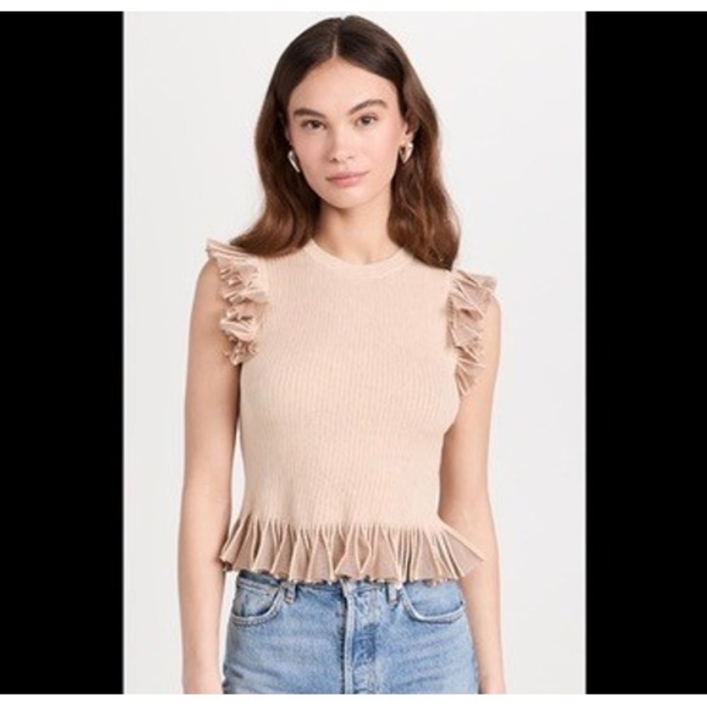 Ulla Johnson Ruffle Knit Sleeveless Top Beige Ribbed Peplum Hem Size P‎
